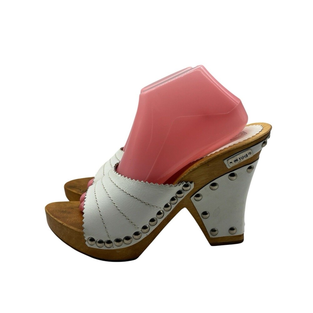 Vtg Platform Sandals Sz 11 Leather Wooden Studded Clogs Wege Heels White Y2K